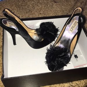 Badgley Mischka Black Satin Flower Slingback Pumps